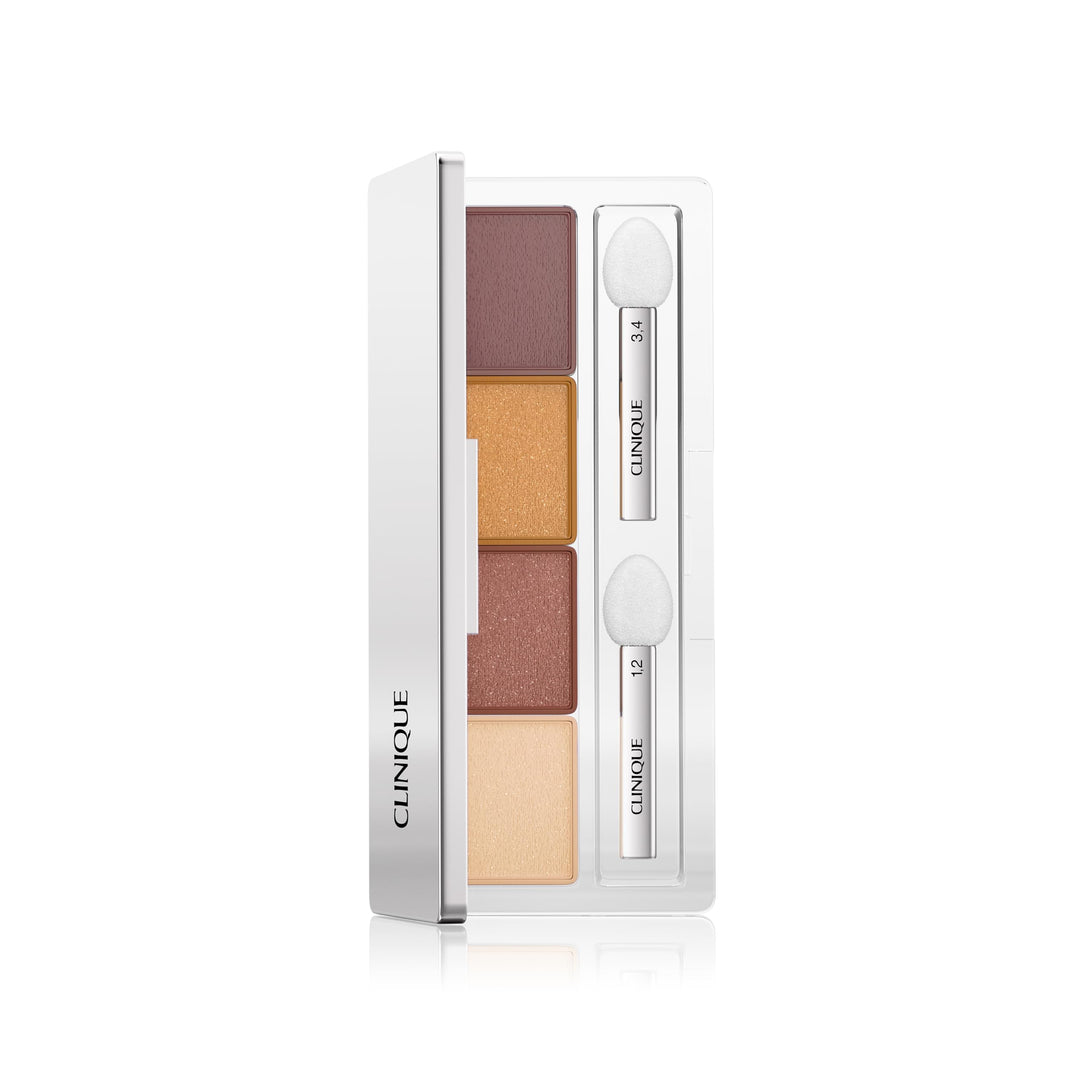 Compact four‑shade pink and brown powder eyeshadow palette with two sponge applicators