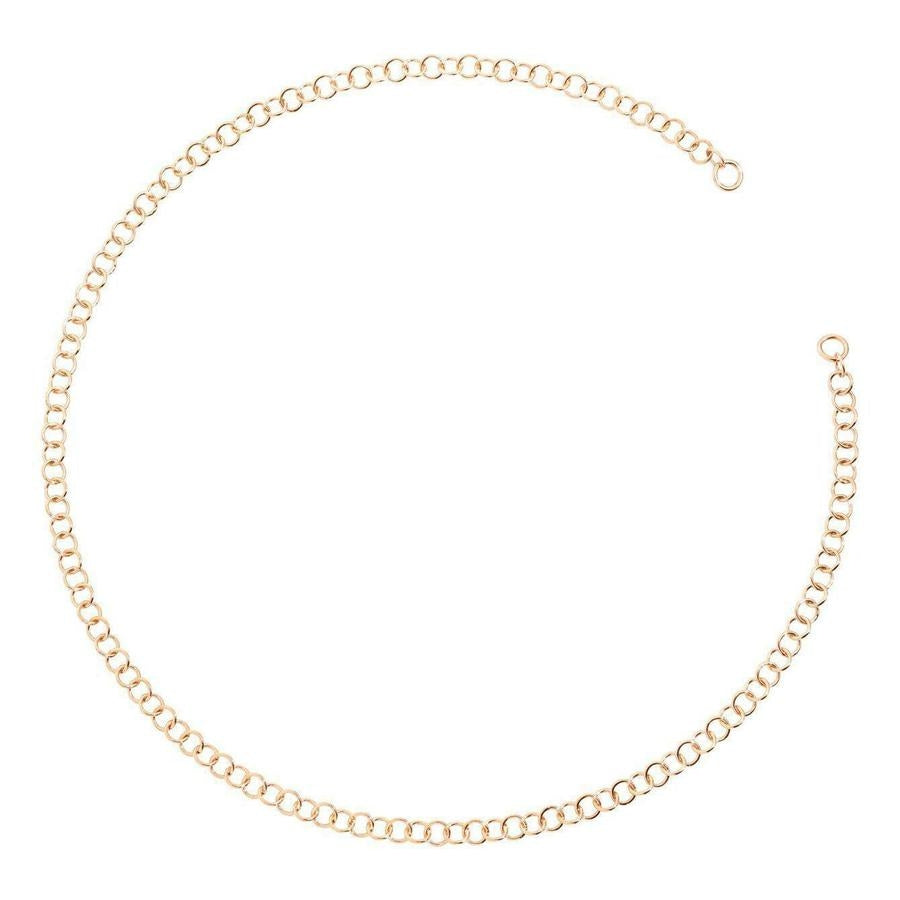 Gold-toned round link chain necklace on white background, adjustable clasp visible