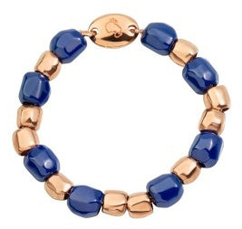 Rose gold and blue beaded bracelet on elastic band; polished metal and ceramic beads