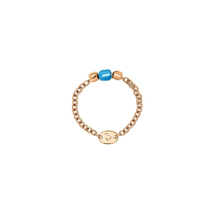Rose gold chain bracelet with blue enamel bead and engraved oval Dodo plate on white background