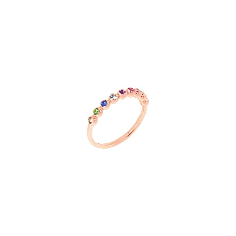 Rose gold ring set with blue, green, pink, purple and clear gemstones in halo on slim band for Women