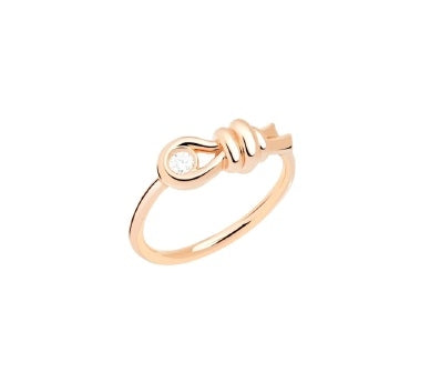 Rose gold knot ring featuring a single brilliant-cut diamond set in a sculpted knot design