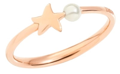 Rose gold minimalist ring featuring a small star motif and centered pearl on slim band