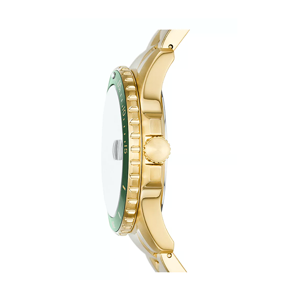 Gold-tone diver watch with green dial, rotating bezel, luminous markers, and metal bracelet
