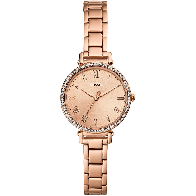 Rose gold-tone stainless steel wristwatch with crystal-studded bezel and Roman numeral dial on link bracelet