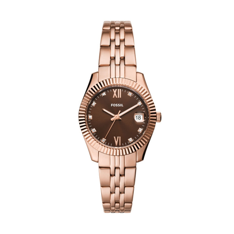 Rose gold stainless steel wristwatch with brown mineral dial, 32mm case and metal bracelet