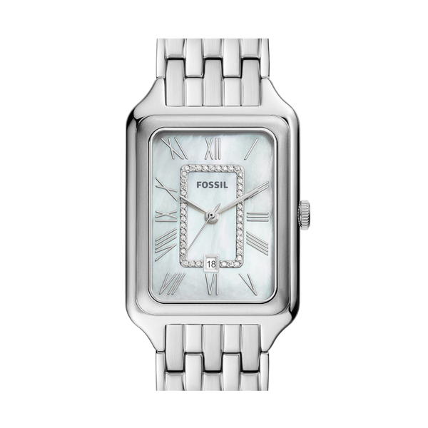 Silver rectangular Fossil watch with mother-of-pearl dial and crystal accents on stainless steel bracelet