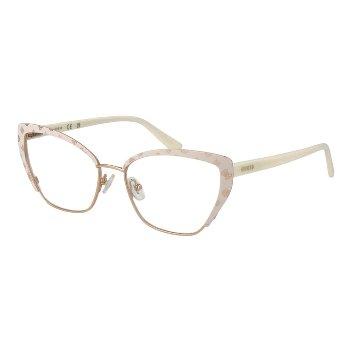 Beige patterned cat-eye eyeglasses with gold temples and contoured nose pads on white background