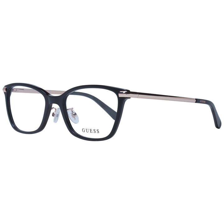 Black rectangular eyeglasses with rose-gold thin metal temples and adjustable nose pads on neutral background