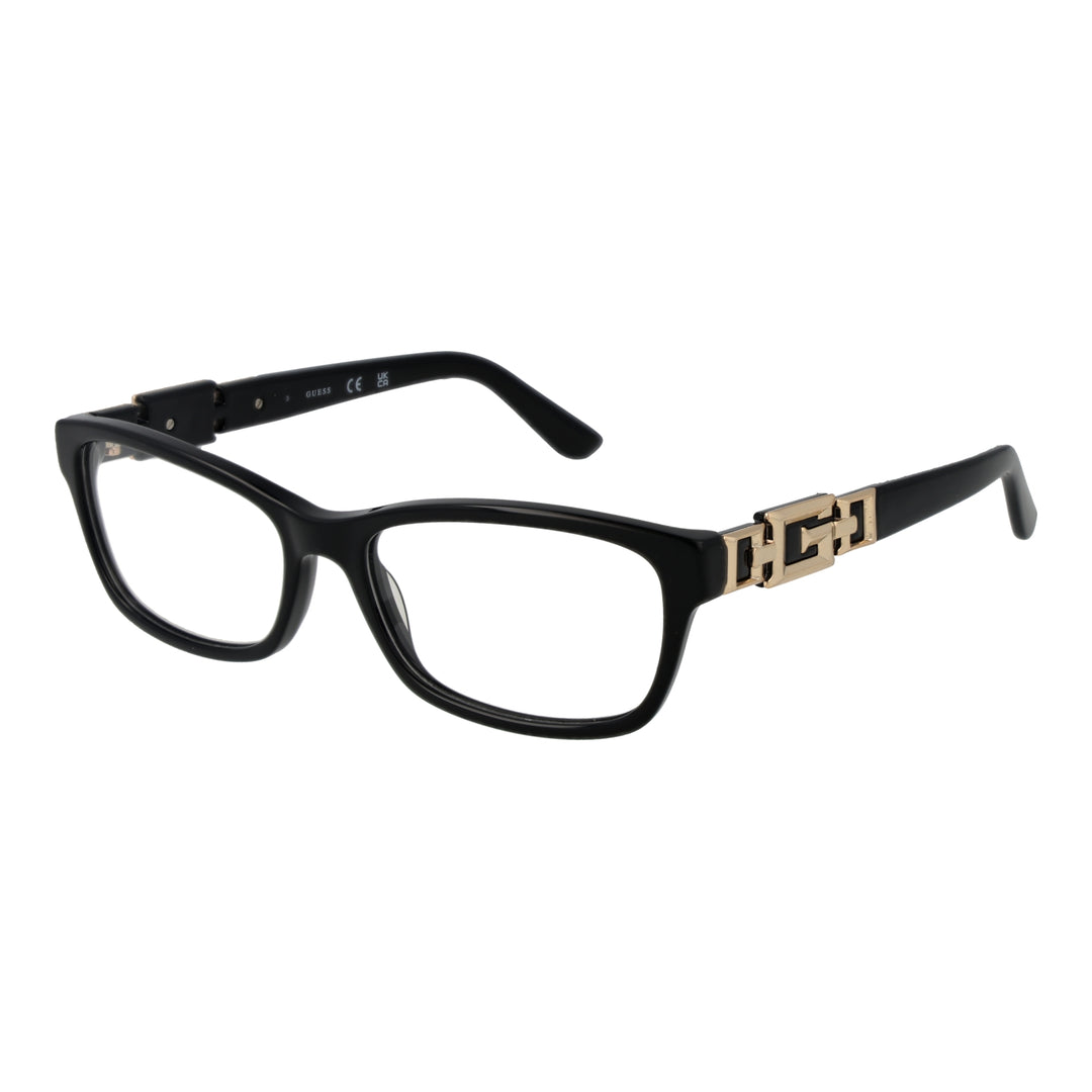 Black plastic rectangular eyeglasses for Women with gold decorative hinge detail, modern full-rim profile