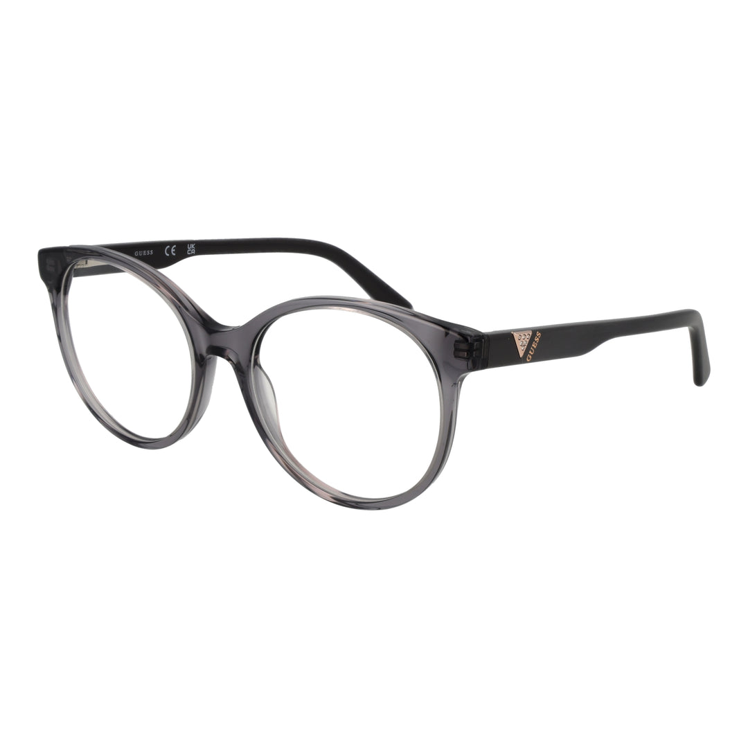 Black and transparent gray plastic round eyeglasses with logo on temples, modern women's optical frame