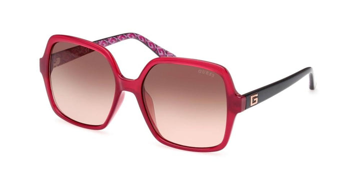 Red and black square sunglasses with gradient lenses and patterned inner arms, logo on temples