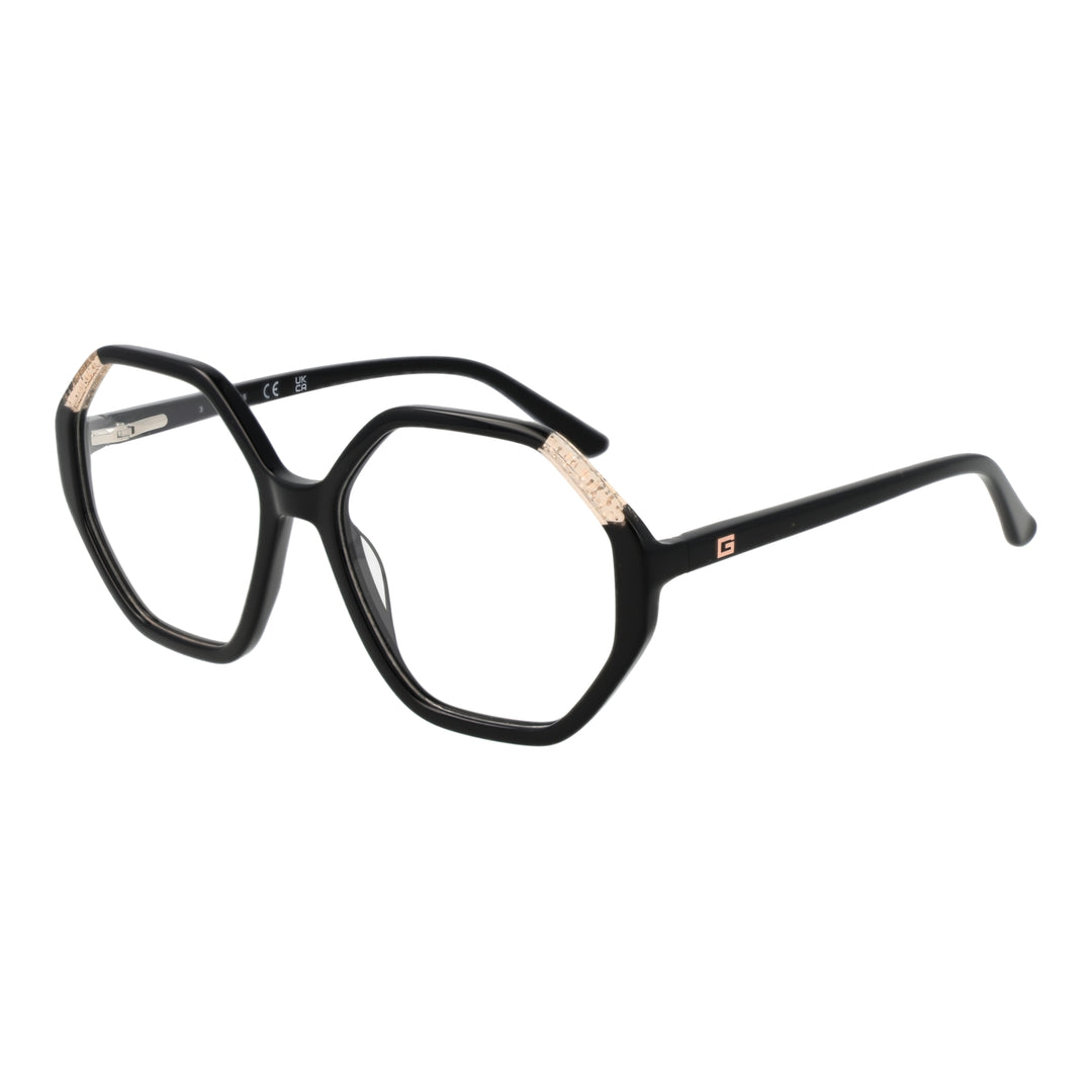 Black hexagonal eyeglasses with gold corner accents and small gold 'G' logo on temple over clear lenses