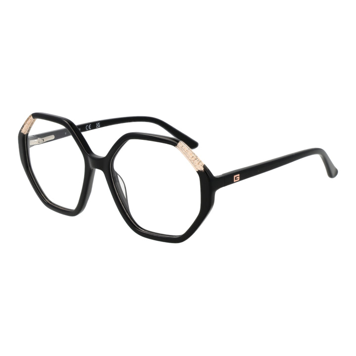 Black hexagonal eyeglasses with gold corner accents and small gold &