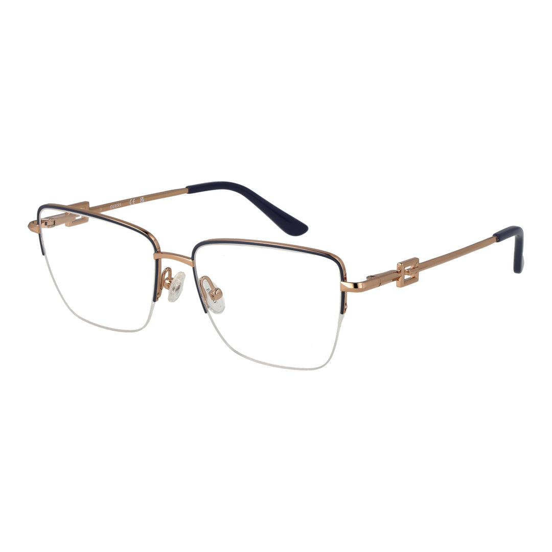 Gold metal full-rim rectangular eyeglasses with clear lenses and black temple accents featuring Guess logo