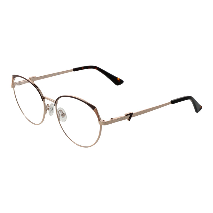 Gold thin metal round eyeglasses with tortoise shell temple tips and adjustable nose pads