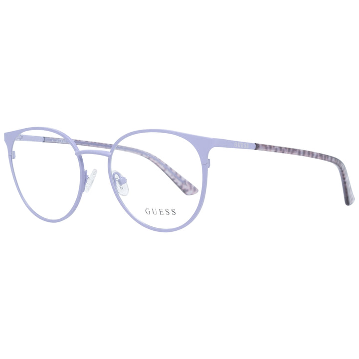 Light purple metal round eyeglasses with thin frame and patterned temple tips on neutral background