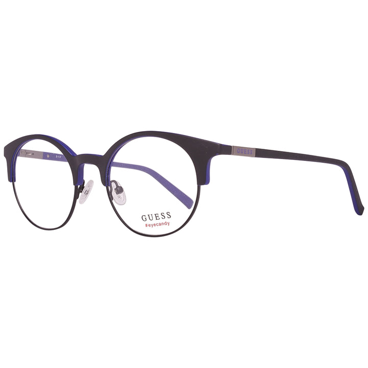 Unisex black and blue metal round eyeglasses with thin frame, adjustable nose pads and logo on temple, front three-quarter view