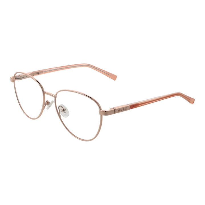Rose gold round metal eyeglasses with thin rims and transparent temple tips on white background