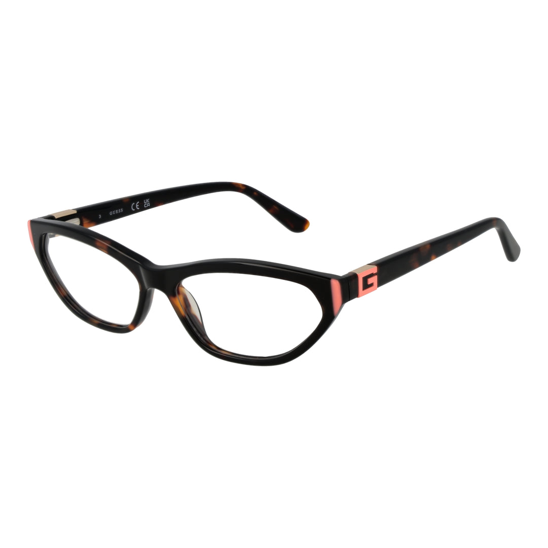 Tortoise cat-eye eyeglasses in black and pink plastic with logo-detail temples, front three-quarter view