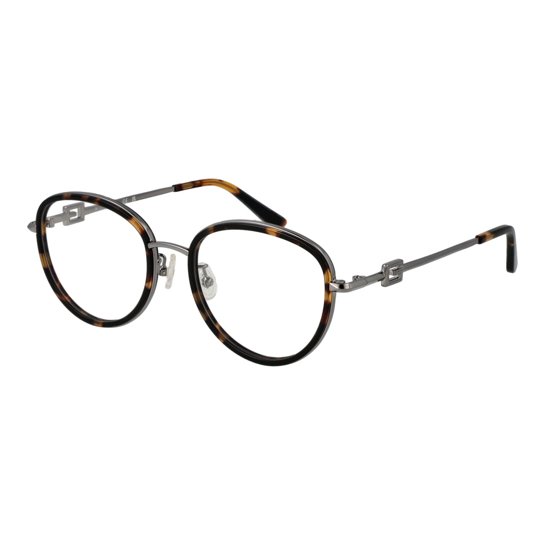 Unisex tortoise-shell round eyeglasses with silver metal temples and decorative temple logo, front three-quarter view