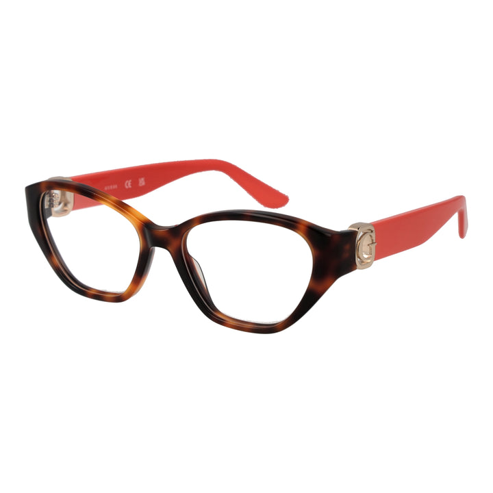 Tortoise shell brown and red cat-eye eyeglasses with gold emblem on temples, plastic frame for Women