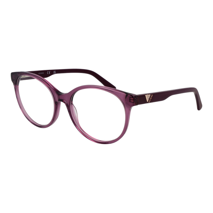 Transparent purple round eyeglasses in plastic with logo temples on clean white background