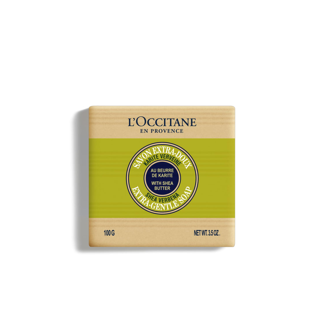 L'occitane En Provence Karité Cleansing Soap: small rectangular verbena and shea soap bar in minimal sustainable packaging