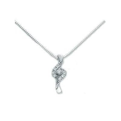 Silver curved pendant necklace on fine chain with embedded sparkling stones, photographed on neutral background