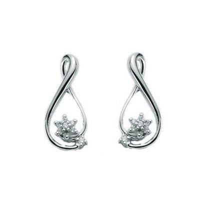 Silver loop stud earrings dotted with clustered clear gemstones on white background