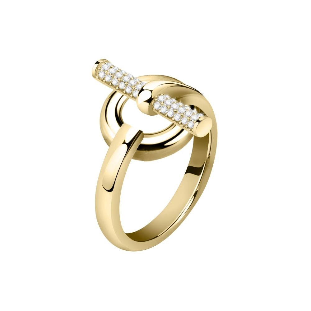 Gold ring with horizontal pavé-set bar across polished circular band, modern design