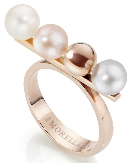 Rose gold plated ring with polished band and decorative natural pearls displayed on neutral background