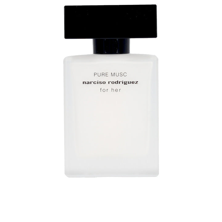 White 100 ml eau de parfum bottle with minimalist black lettering, floral–woody fragrance