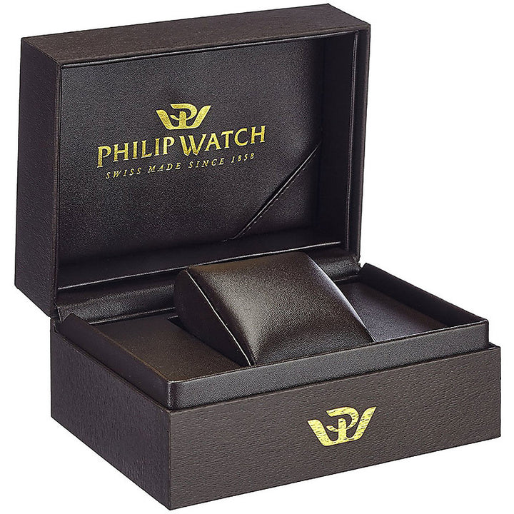 Black dial watch, silver stainless steel case, leather strap, 43 mm, date display, sapphire crystal
