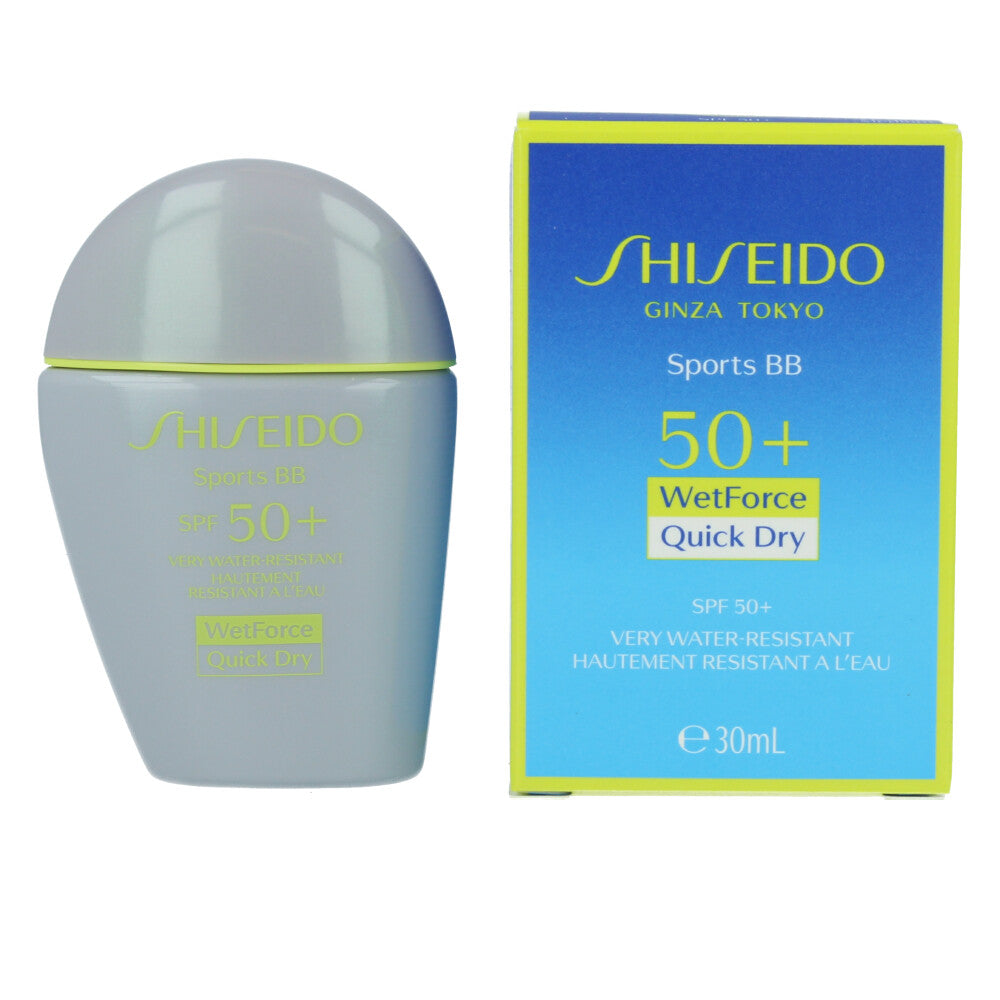 Tinted SPF50+ sports BB cream tube, medium‑dark shade, 30 ml, water‑resistant