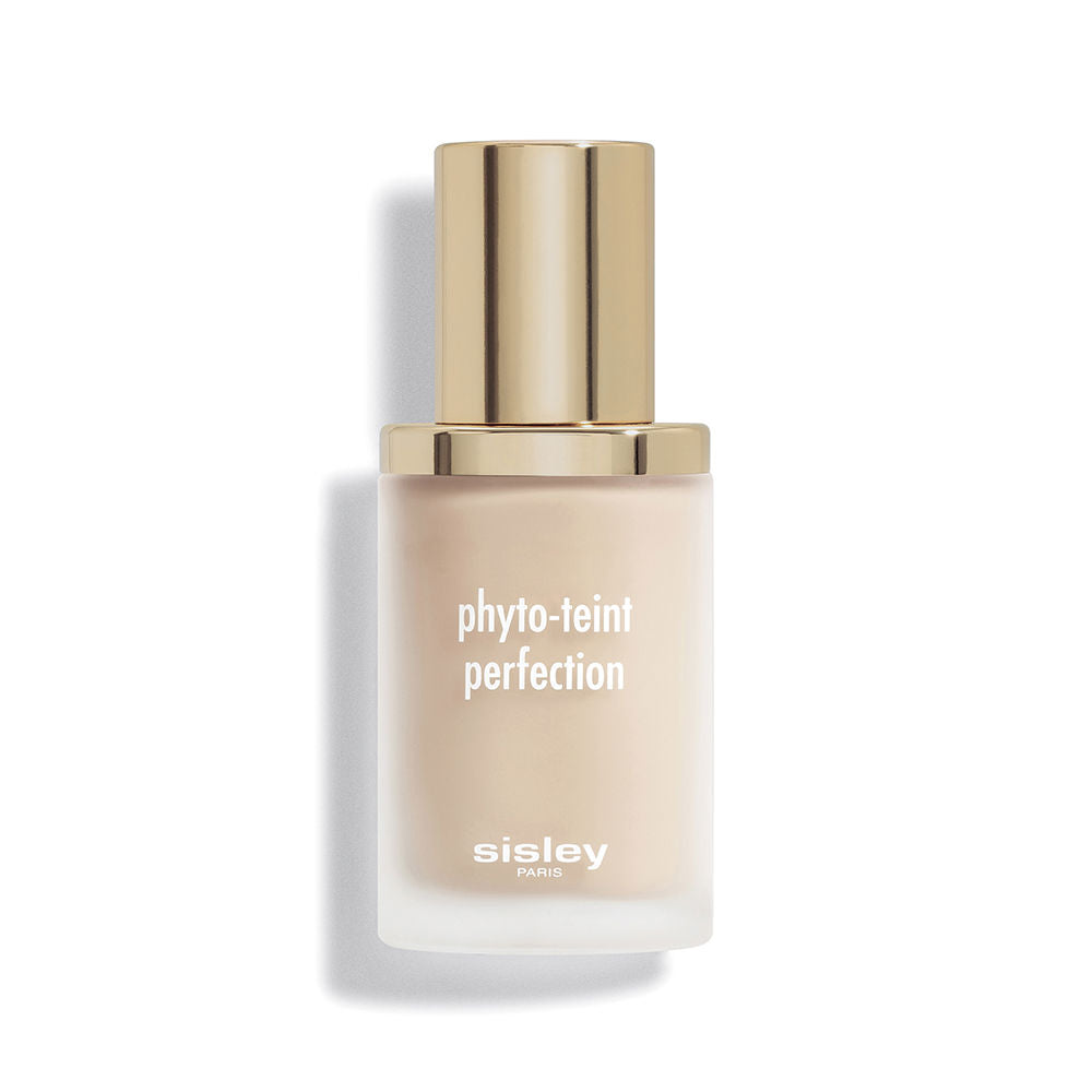 Glass liquid foundation bottle in beige with frosted finish, gold metallic cap, minimalist white print — Sisley