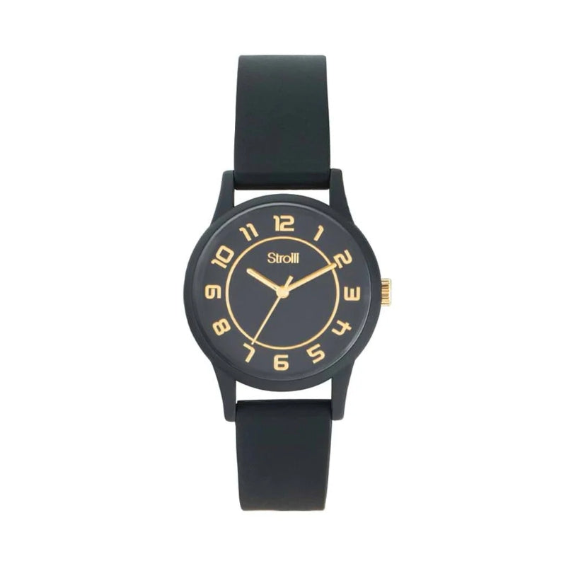 Stroili Black Gold Wristwatch: unisex black wristwatch with gold accents, rubber-silicone strap, numbered dial, three hands
