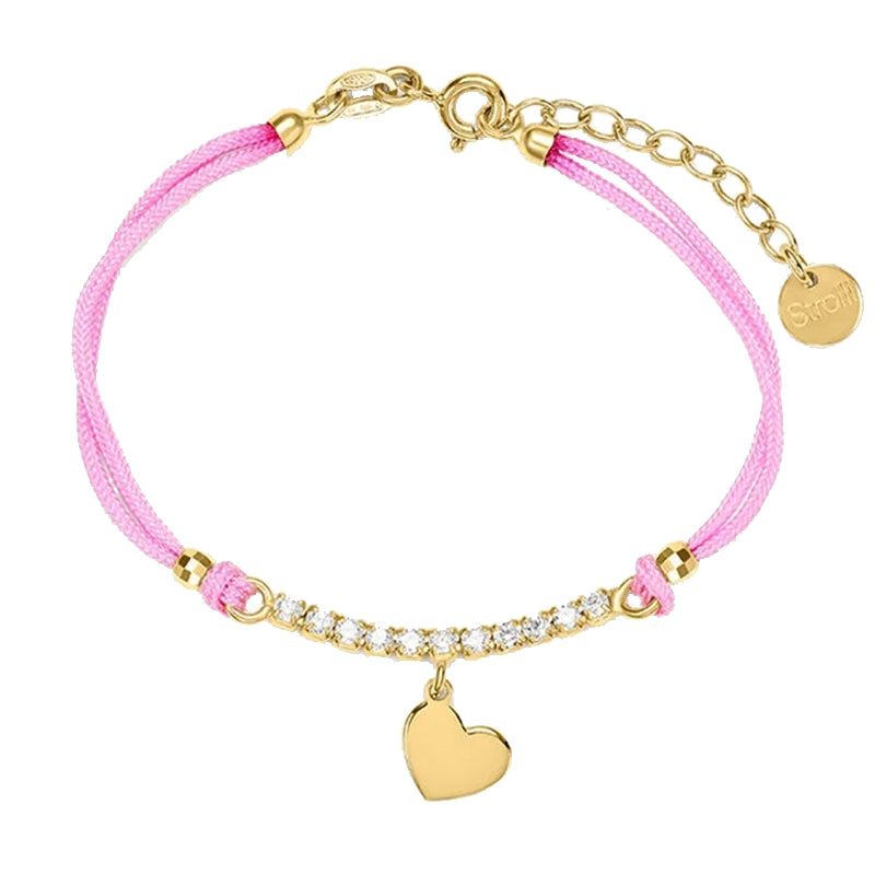 Stroili Gold Heart Charm Bracelet: delicate pink cord bracelet with gold-tone chain and crystal-studded heart charm