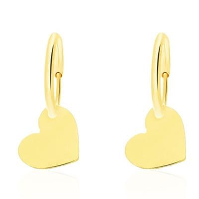 Slim gold hoop earrings each featuring a small heart-shaped charm, minimalist and polished for everyday wear