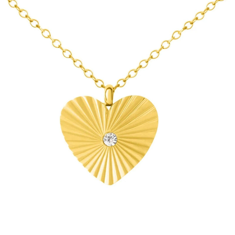 Stroili Gold Heart Pendant: necklace with radiating pattern and single clear gemstone on delicate chain