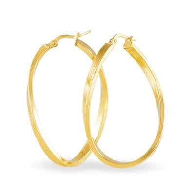 Pair of polished gold hoop earrings with hinged clasps on white background, smooth reflective surface
