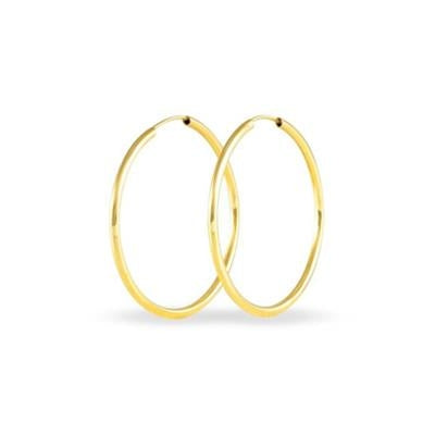 Pair of gold classic hoop earrings with smooth high-polish finish on white background