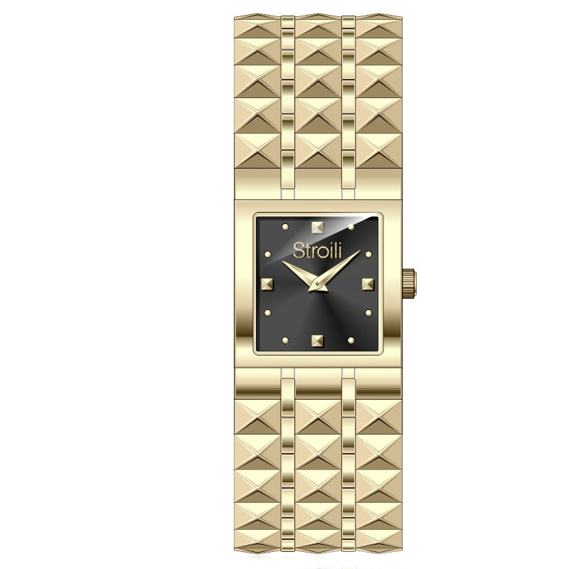 Stroili Gold Square Watch: women's watch with black dial and studded gold bracelet, angled view