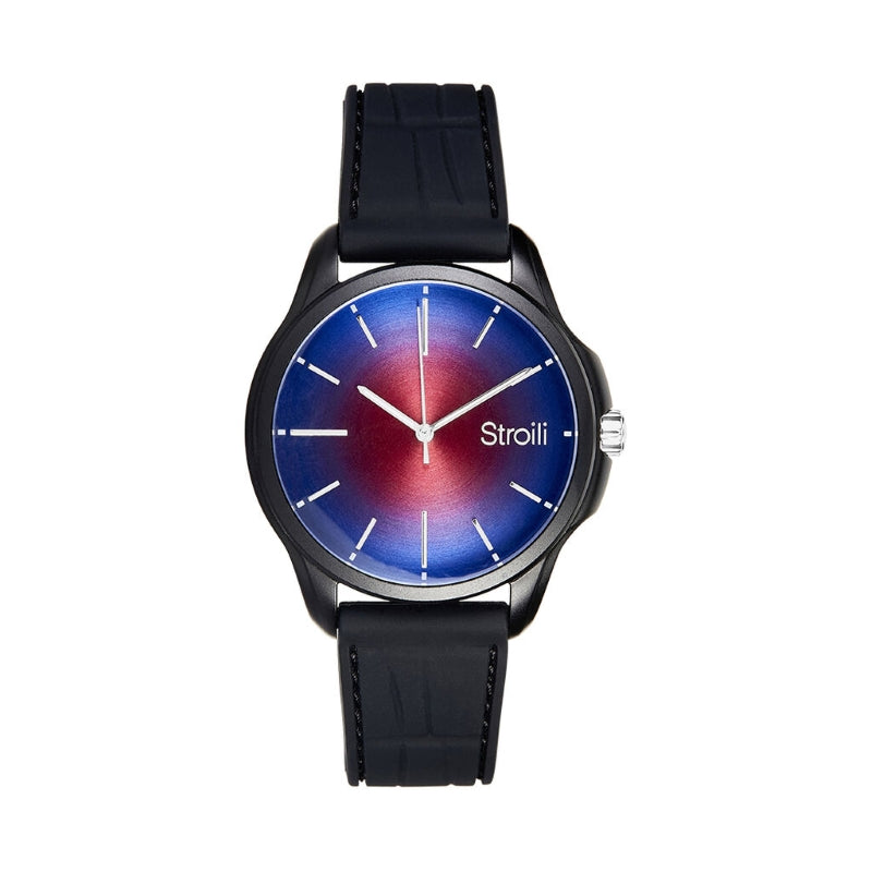 Stroili Metal Minimalist Watch: black rubber strap watch with blue-red gradient dial and silver hands and markers