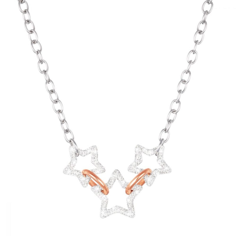 Delicate silver necklace with rose gold star pendants and small crystals on a fine chain, styled on neutral background.