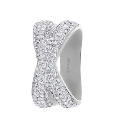 Silver X-shaped ring with pavé clear crystals on polished metal band for Women