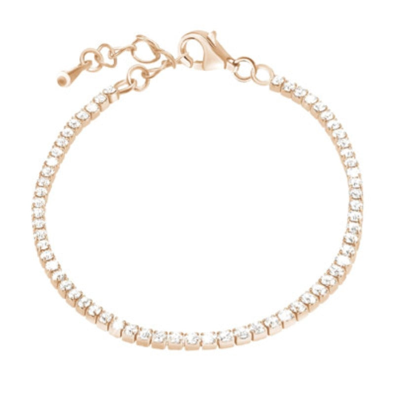 Stroili Rose Gold Tennis Bracelet: plated tennis bracelet for women with row of clear round stones and lobster clasp