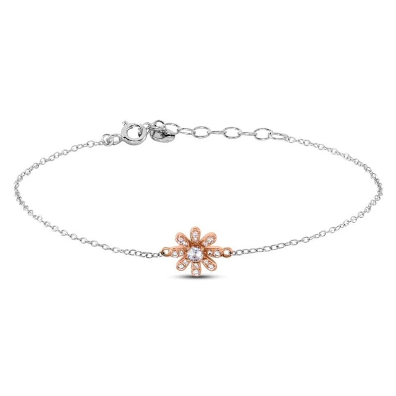 Stroili Silver Floral Bracelet: delicate mixed silver and rose-gold chain bracelet with small flower-shaped charm on wrist