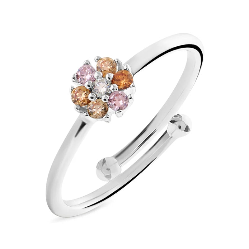 Stroili Silver Floral Cluster Ring: ring with pink, orange and clear gemstones on adjustable band, close-up view