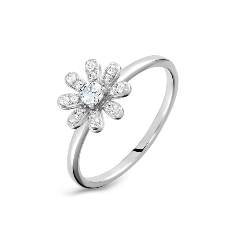 Stroili Silver Floral Ring: flower-shaped ring for women set with multiple clear sparkling stones on polished band